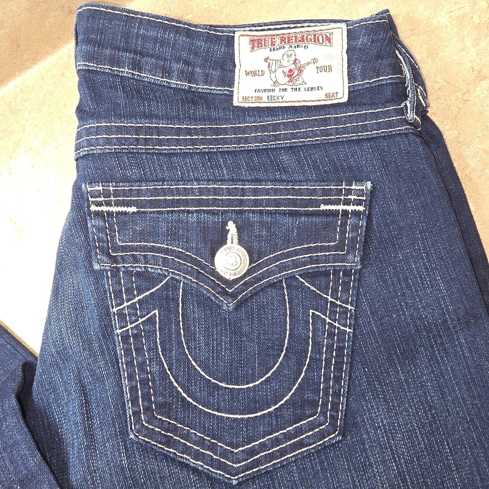 True Religion Jeans Womens 28 Blue Becky Low Rise Bootcut Flap Pockets Made USA - Picture 15 of 16